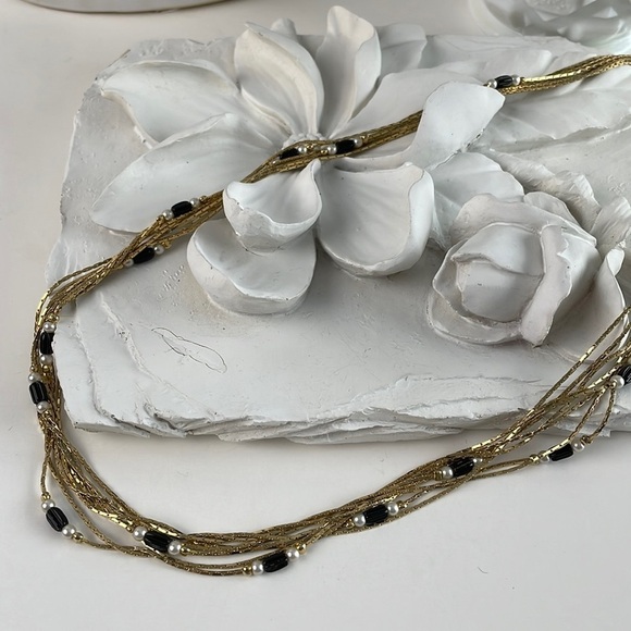 Multi Strand Gold Tone Pearls and Black Beads - Picture 2 of 10